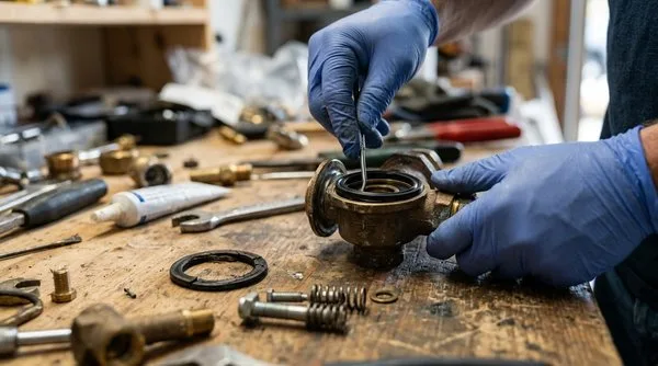 Technician rebuilding a backflow preventer check valve with replacement parts on a workbench Technician rebuilding a backflow preventer check valve with replacement parts on a workbench