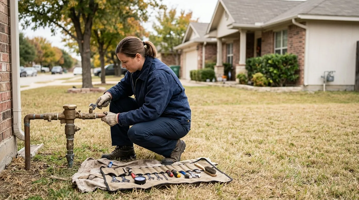 Technician performing backflow preventer repair in Killeen on an outdoor residential assembly during cool fall weather. Technician performing backflow preventer repair in Killeen on an outdoor residential assembly during cool fall weather.