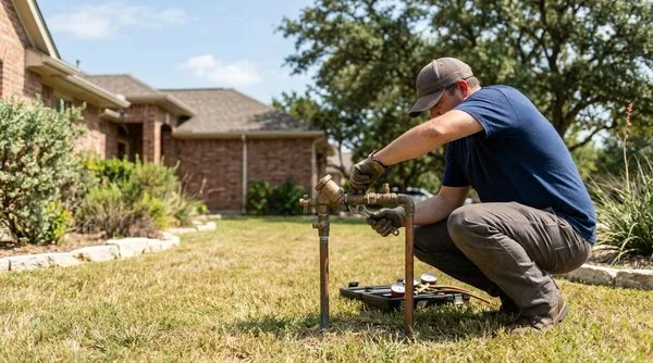 Certified technician testing an outdoor backflow preventer assembly at a Central Texas home Certified technician testing an outdoor backflow preventer assembly at a Central Texas home