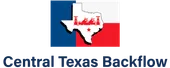 Logo for Central Texas Backflow with Texas outline and flag colors.