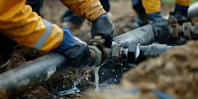 Workers in yellow suits and gloves fixing a leaking pipe in a trench. Water spurts out.