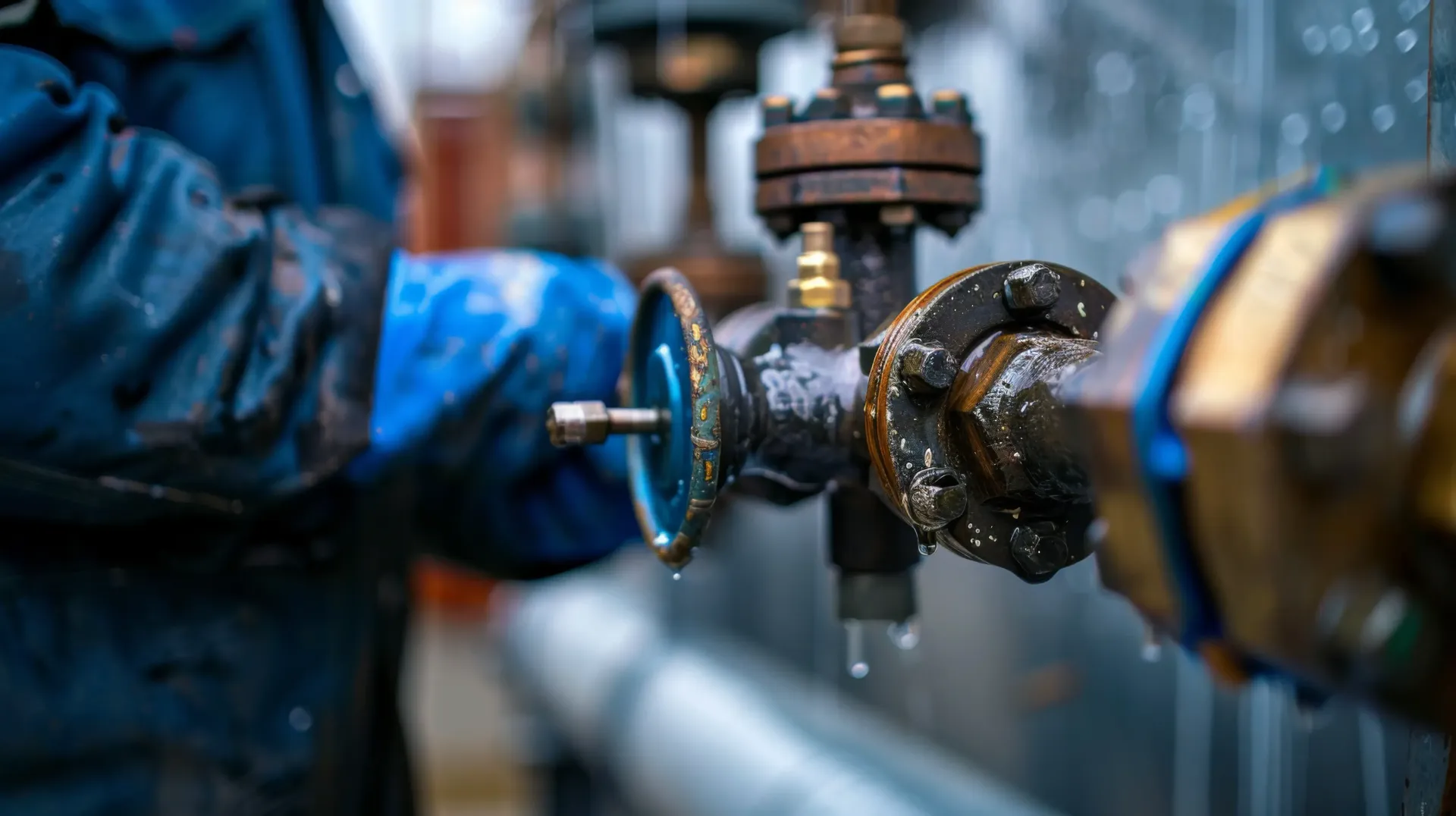 Person in blue work clothes and gloves adjusting a valve on industrial pipes.